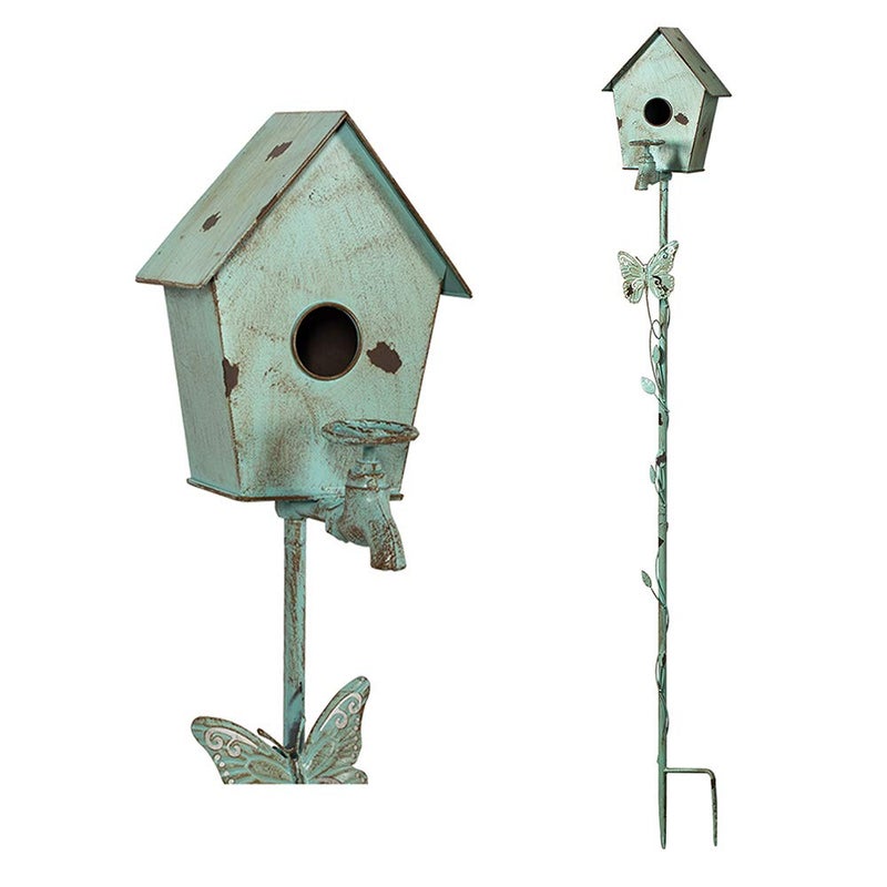 MOCOME Bird Houses for Outside with Pole Metal Birdhouse Stakes Decorative Outdoor, Reclaimed Faucet Accent (Teal, 52") - Image 1